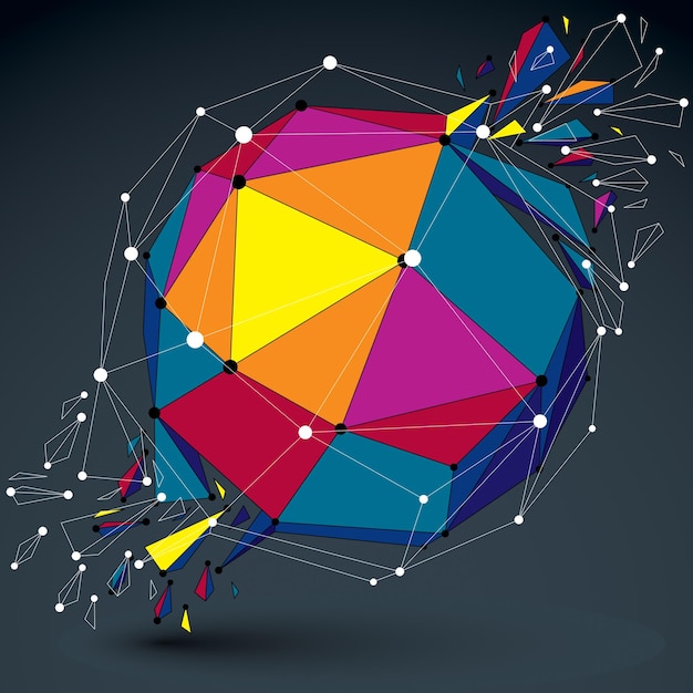 3d vector low poly object with connected lines and dots, colorful digital geometric wireframe shape with different particles. Asymmetric bright perspective shattered form.