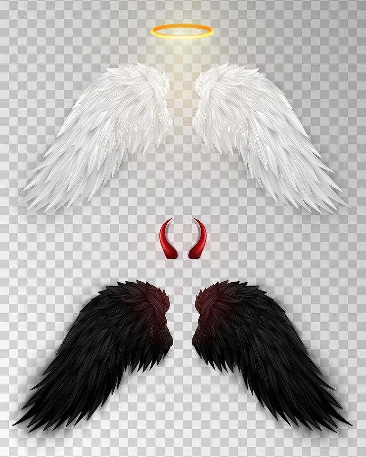 Vector 3d white angel wings with golden nimbus halo and black devil wings with red daemon horns