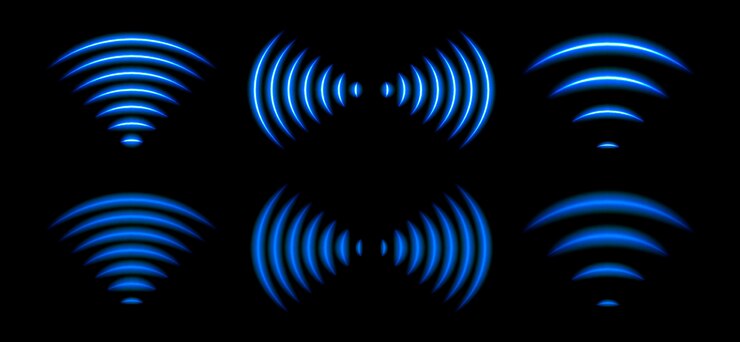 Vector 3d wifi waves with blue neon radial light wireless data transmission and radar signal effect glowing symbols for sound scan technology and network monitoring symbols digital flow and protection