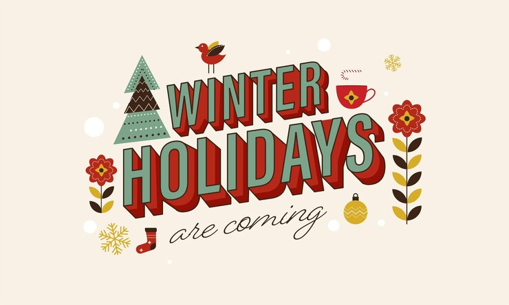 Vector 3d winter holidays font with bird xmas tree flower stem snowflakes decorated on beige background
