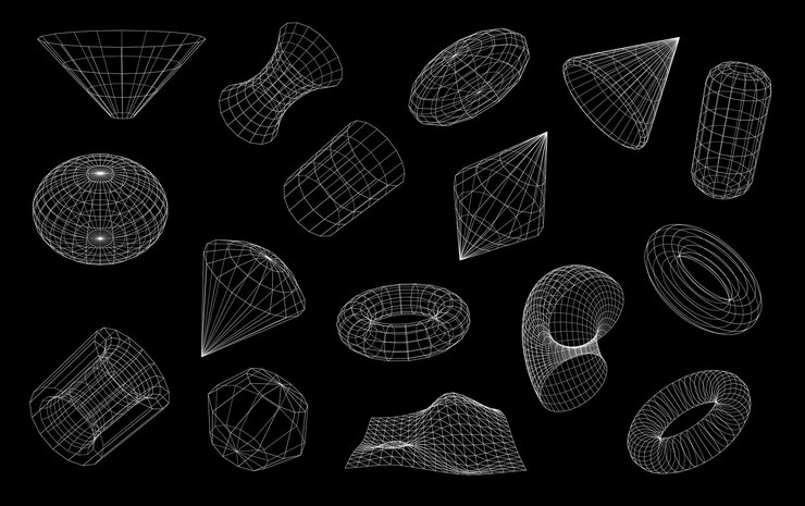 Vector 3d wireframe shapes and wire mesh grid forms