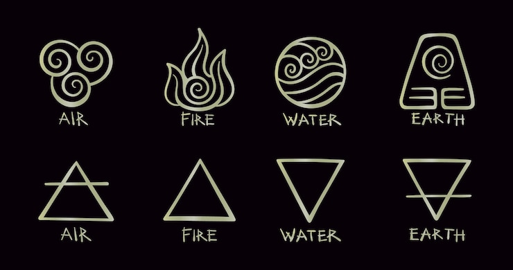 Vector 4 elements of nature vector golden icons for air fire water and earth isolated on black background