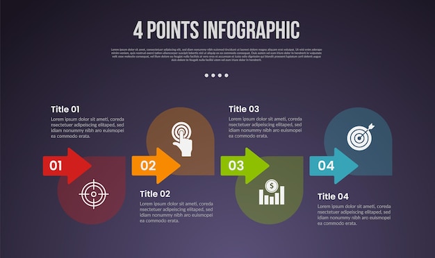 4 points or step process infographic with creative arrow and round circle on horizontal direction with modern dark style for slide presentation vector