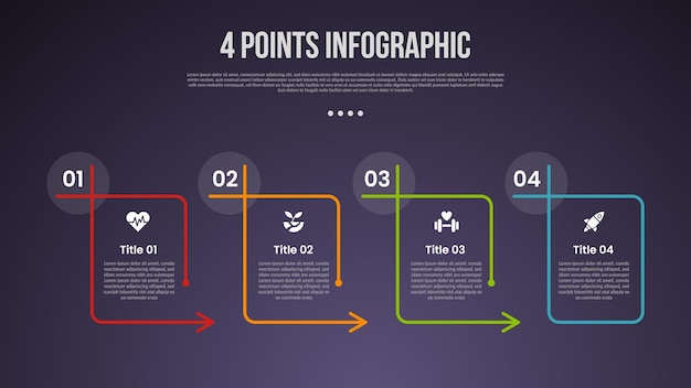 4 points or step process infographic with outline table box with arrow direction and circle header edge with modern dark style for slide presentation