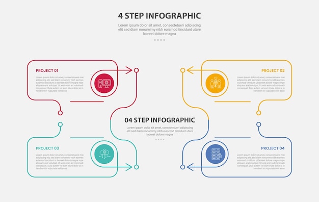 4 points template infographic outline style with 4 point step template with creative line box container on title center with arrow direction for slide presentation
