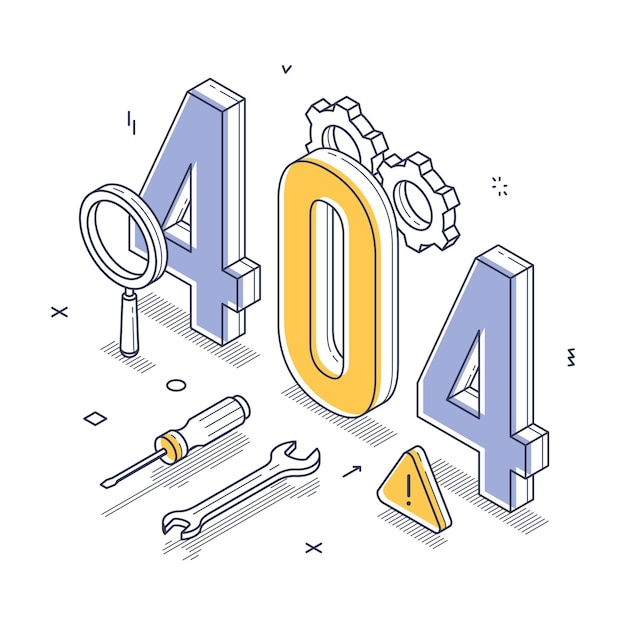 404 error notification in isometric line vector illustration with tools and symbols