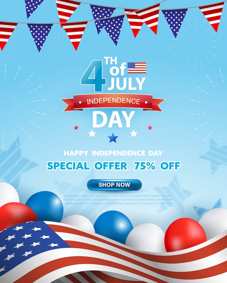 4th of July celebration poster. Independence day sale promotion banner template with red, blue, white balloons and waving USA Flag on blue Background.  