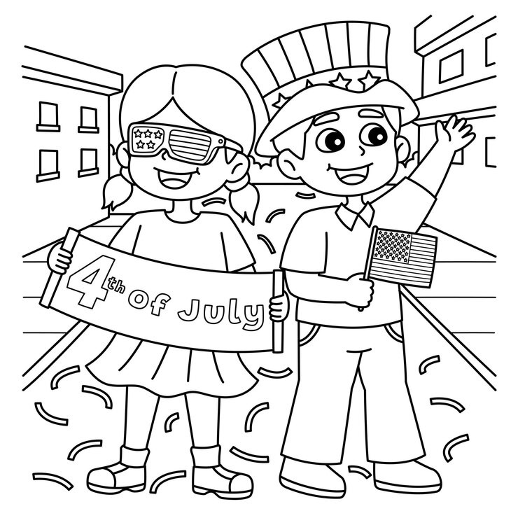 Vector 4th of july kids celebrating coloring page