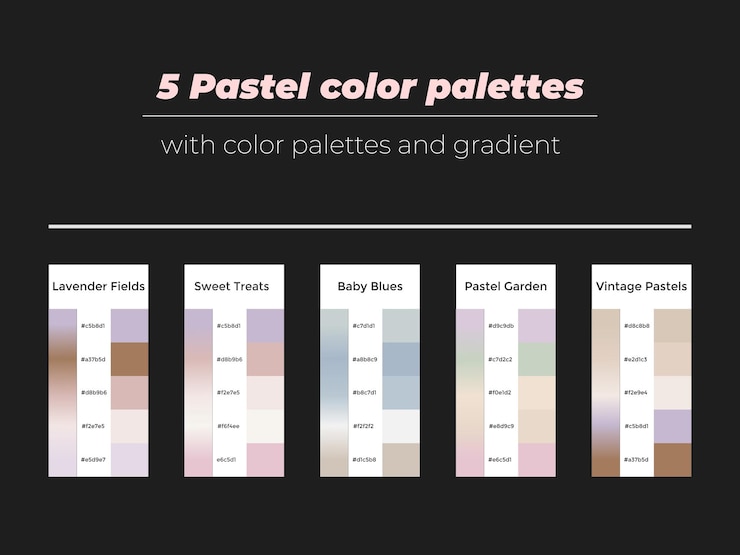 Vector 5 pastel color palettes with color and gradient isolated on black background