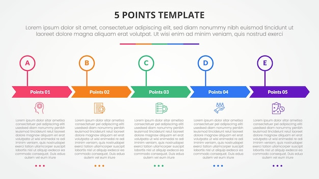 5 points stage template infographic concept for slide presentation with creative arrow header circle point with 5 point list with flat style