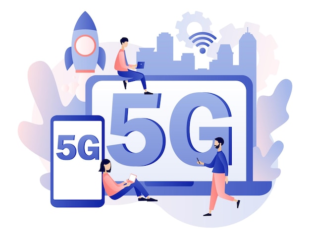 5g network wireless technology tiny people use gadgets with letters 5g on screen sim card
