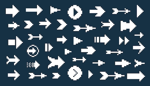 8 Bit pixel arrows vector big set of icons collection of arrow direction cursors in old PC or gaming console style single color symbols for logos
