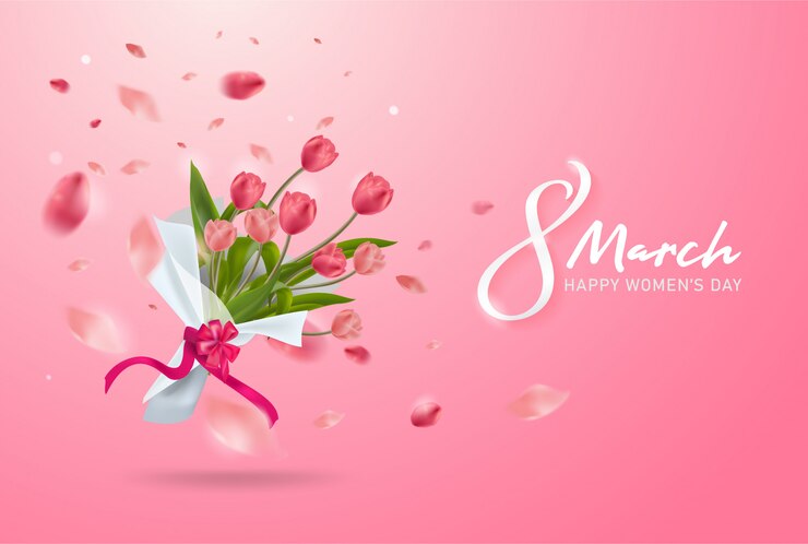 8 March background. International Happy Women's Day. Realistic tulip flower bouquet.