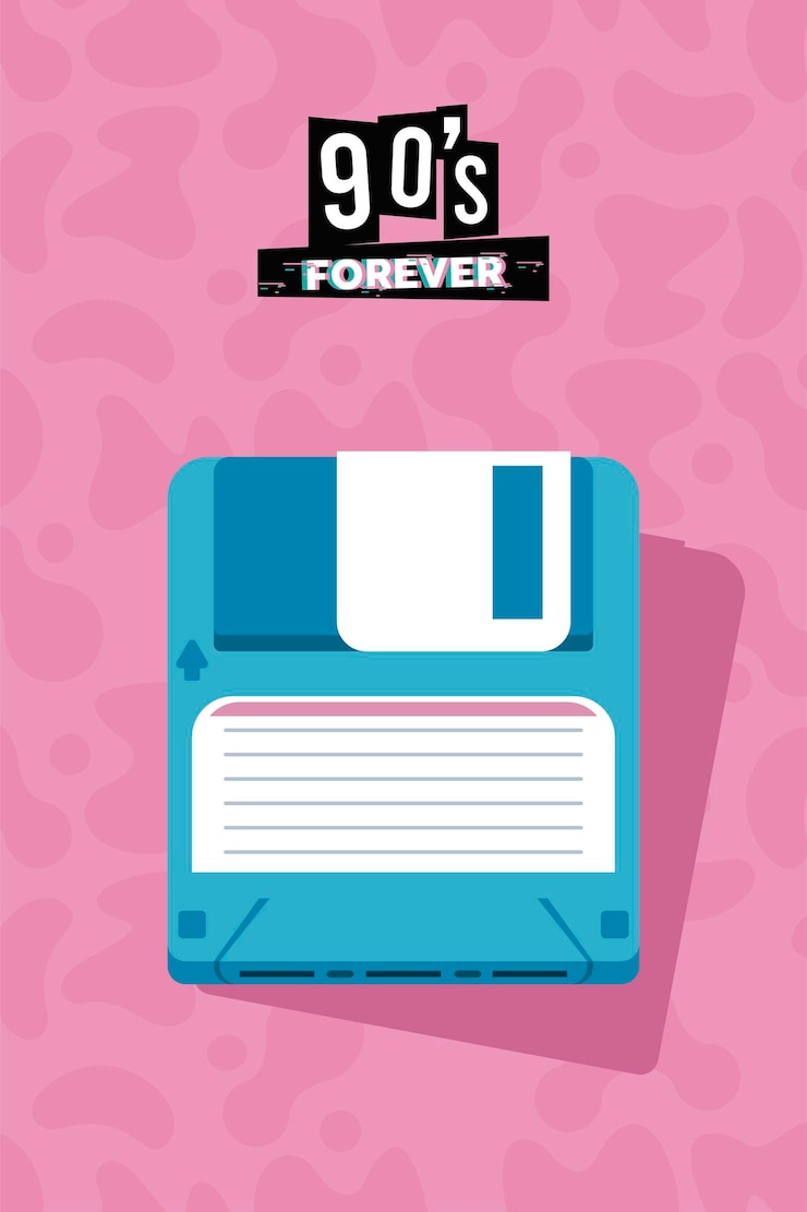 Vector 90s forever lettering with flopy disk in pink background