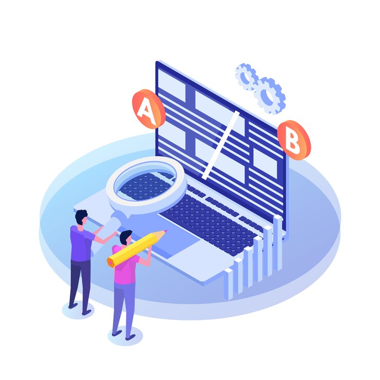 Vector a-b comparison. split testing isometric concept.  illustration.