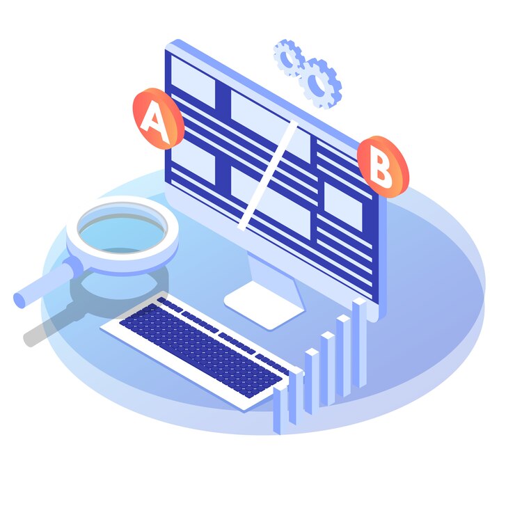 Vector a-b comparison. split testing isometric concept.  illustration.