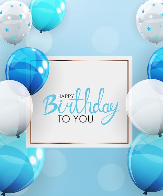 a banner with blue and white balloons and a banner that says happy birthday