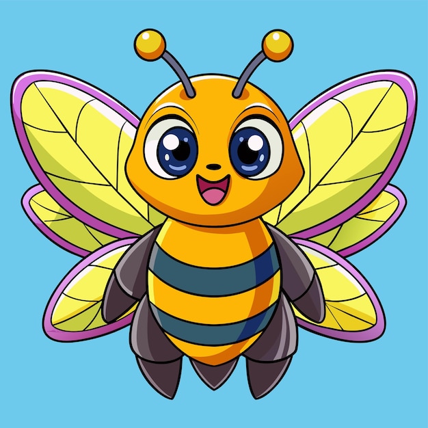 a bee with a blue background with a yellow face and blue eyes