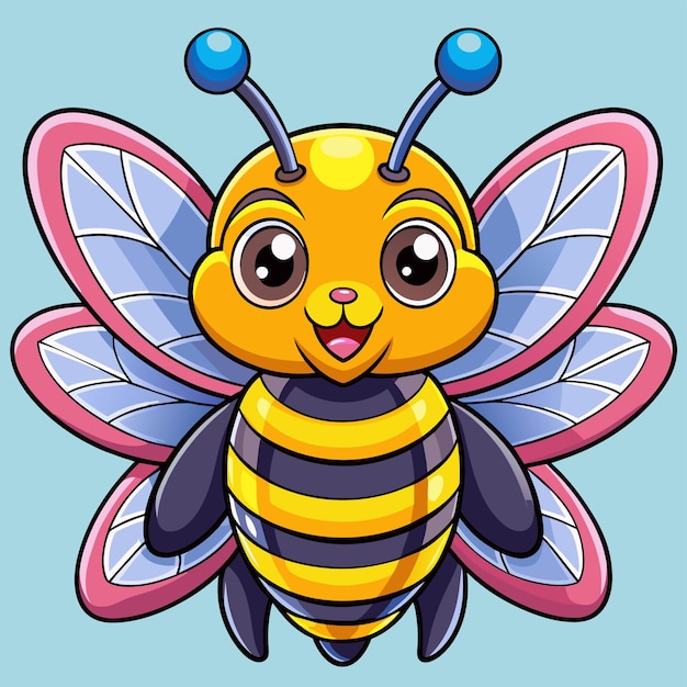 a bee with a pink nose and blue eyes and a blue background