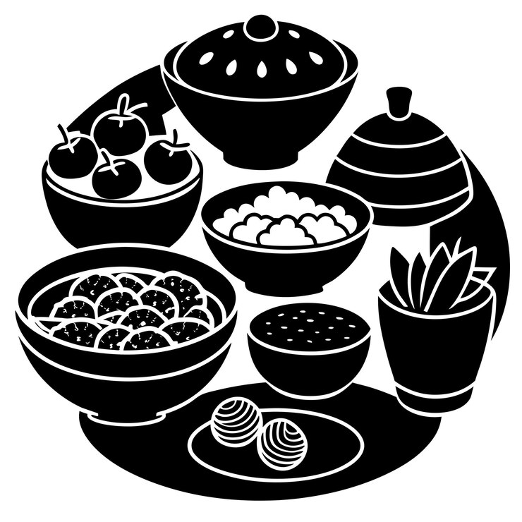 a black and white drawing of a bowl of food with a bowl of sushi