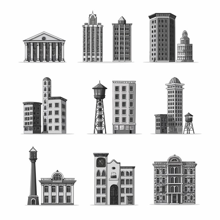 Vector a black and white drawing of a building with a clock on it
