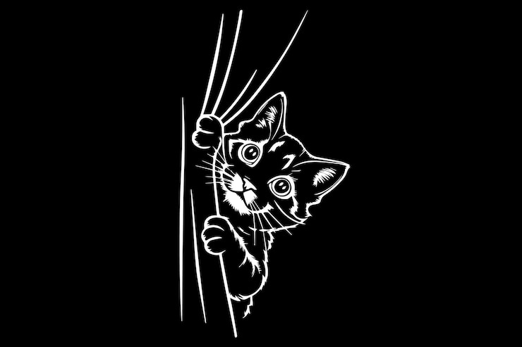Vector a black and white drawing of a cat with a hat on its head