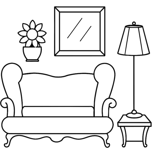 a black and white drawing of a couch and a lamp