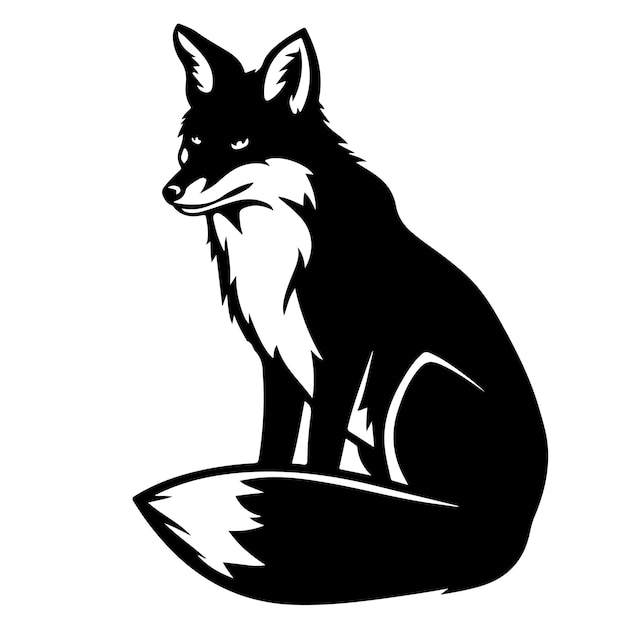 a black and white drawing of a fox with a black head and a white background