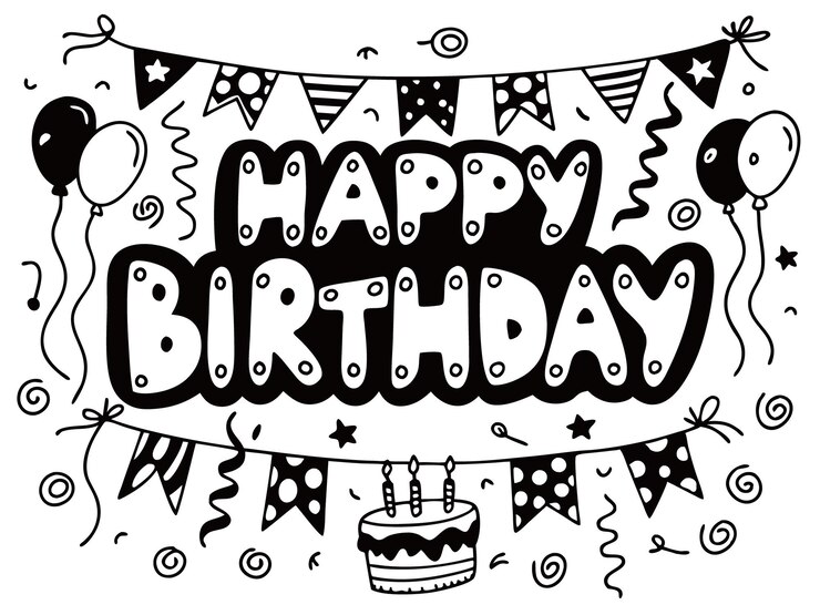 a black and white drawing of a happy birthday with a cake on it