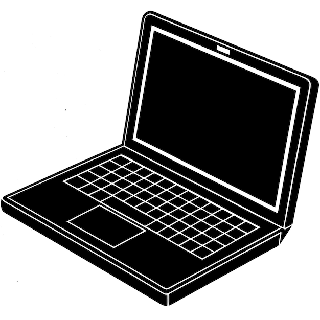 a black and white drawing of a laptop with a white background