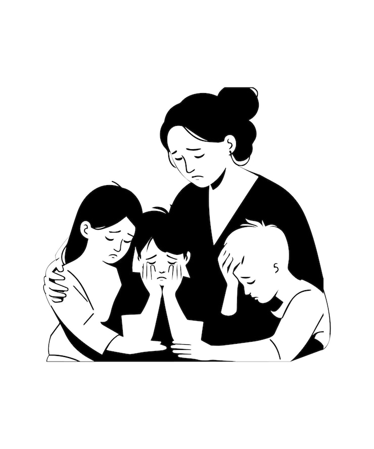 Vector a black and white drawing of a mother and children with their arms around her