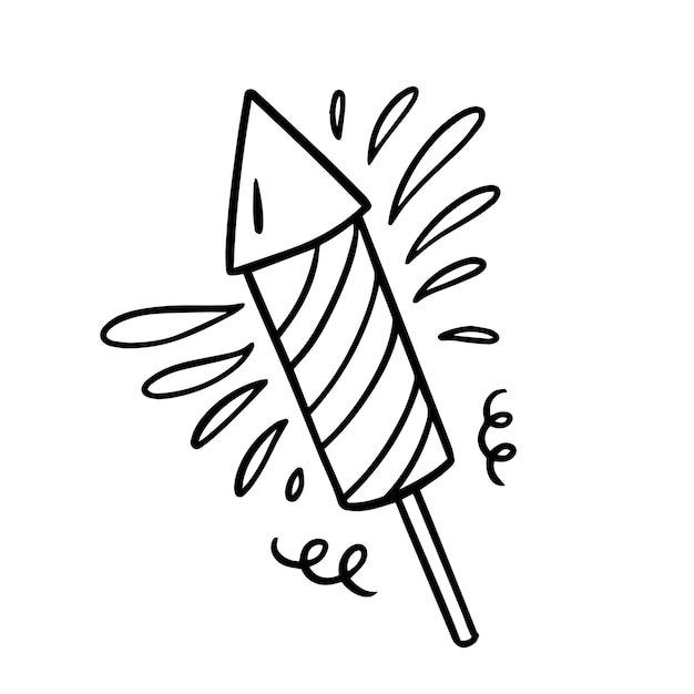 a black and white drawing of a rocket with a starburst on it.