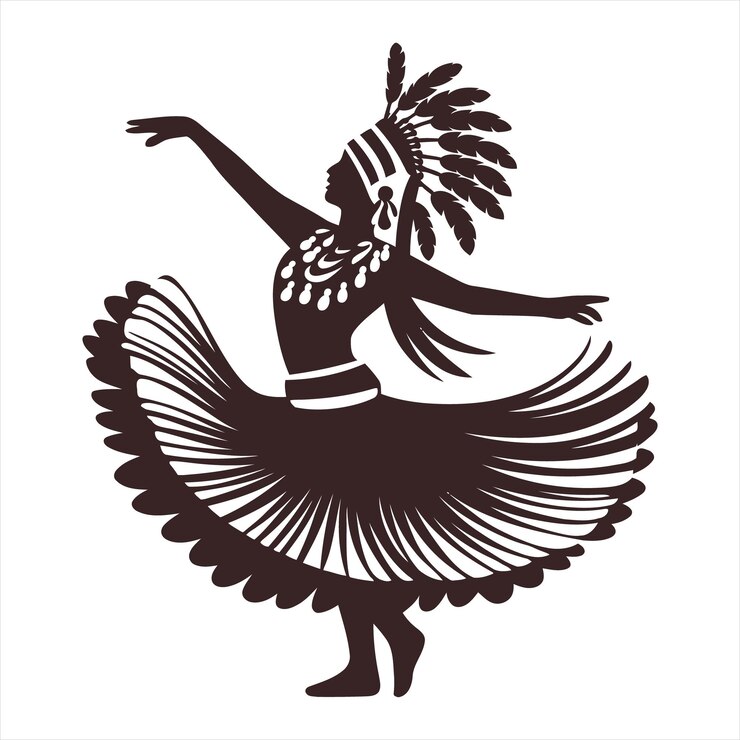 a black and white drawing of a woman dancing with a feather on her back