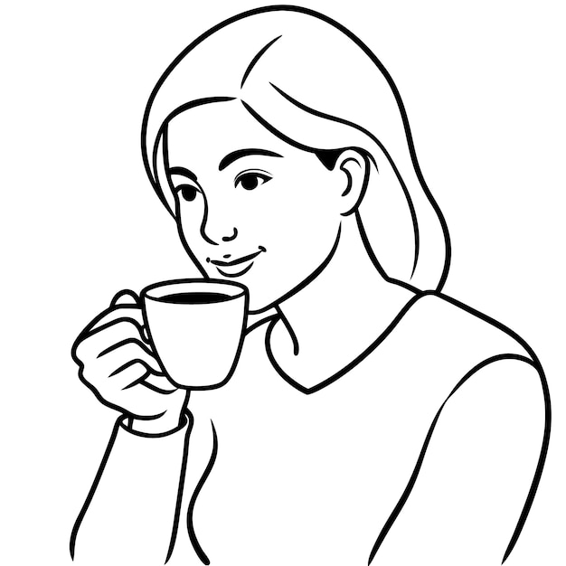 a black and white drawing of a woman holding a cup of coffee