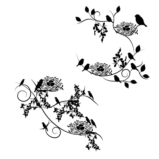 A black and white drawing of birds and flowers.