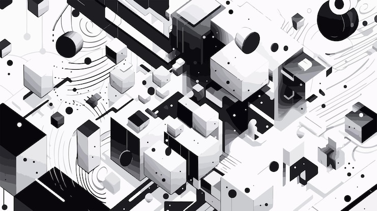 Vector a black and white photo of a complex geometric design with a lot of squares