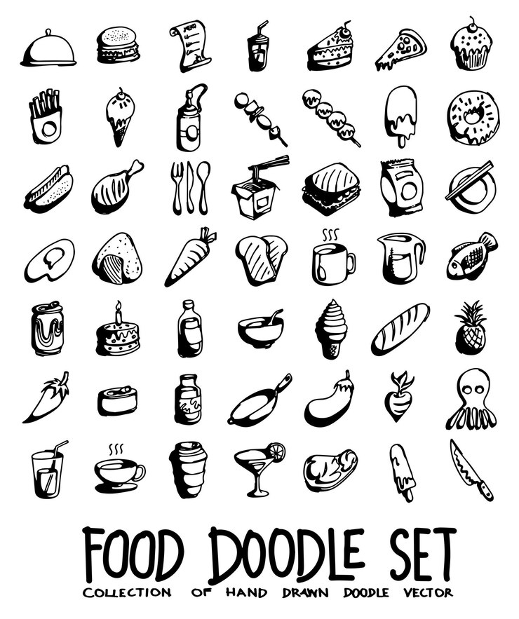 a black and white photo of food set for food set