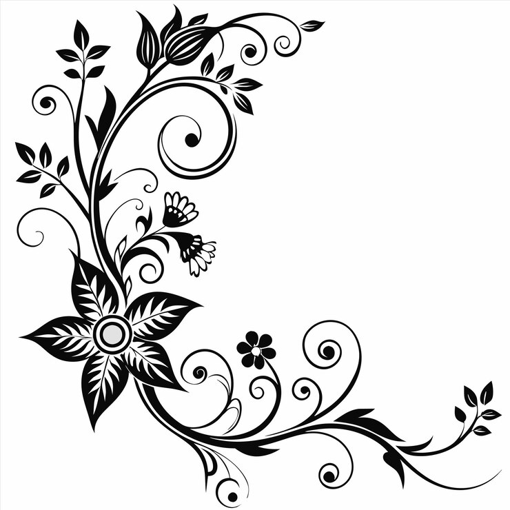 Vector a black and white picture of a floral design with flowers and leaves