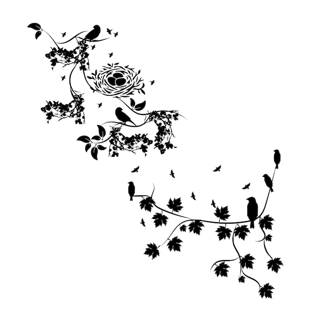 A black and white picture of birds and flowers.