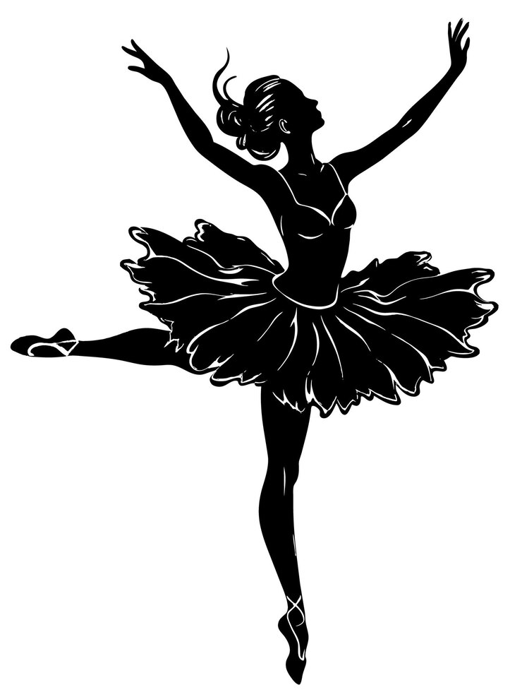 A black and white silhouette woman dancing ballet in a dress