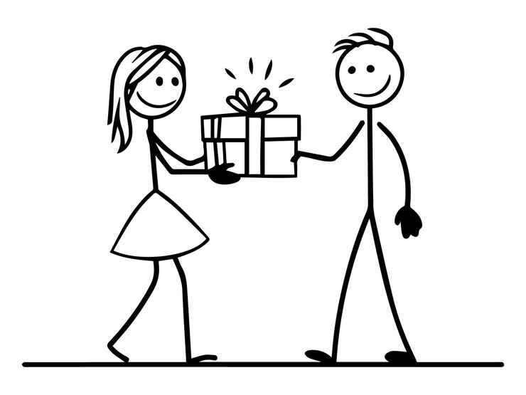 A black and white vector illustration of a stick figure of a woman giving a stick figure of a man
