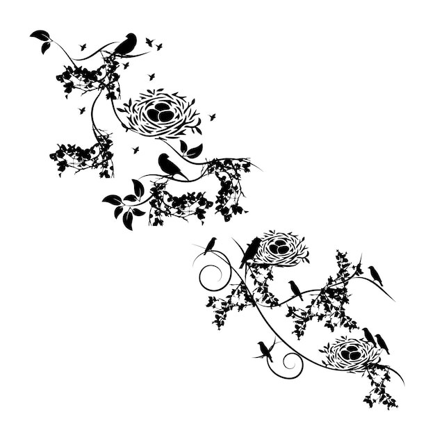 A black and white wallpaper with a bird and flowers.
