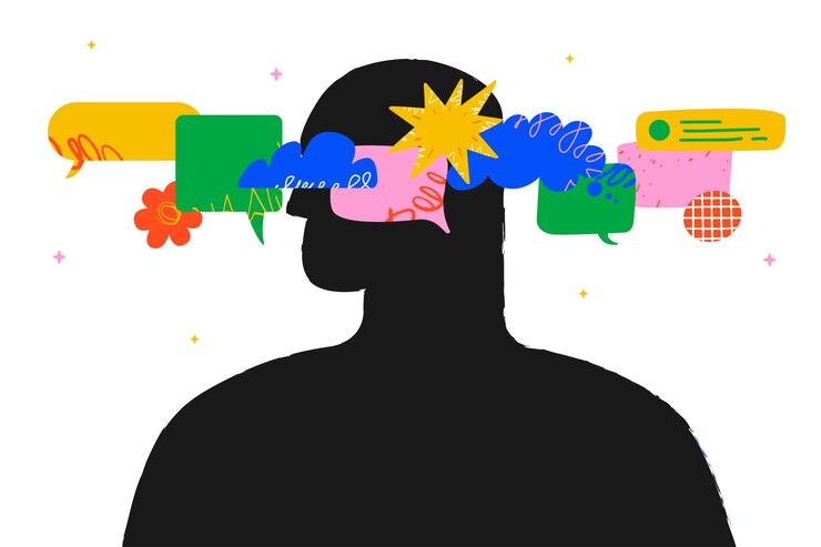 Vector a black human silhouette in a thoughts bubble of different shapes