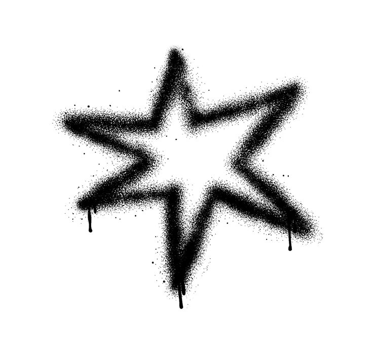 a black star with spray paint on it is drawn in black ink