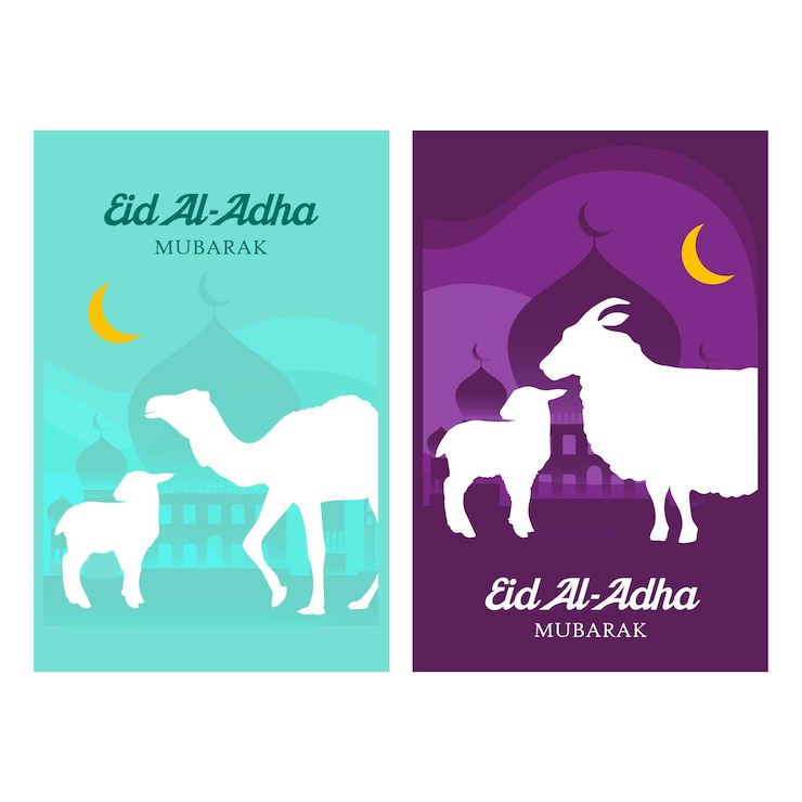 Vector a blue and purple colored brochure with a sheep and a lamb eid mubarak eid al adha