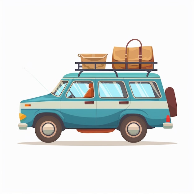 a blue and white car with a suitcase on top of it