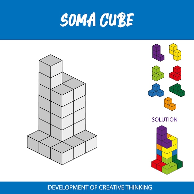 A blue and white poster that says soma cube.