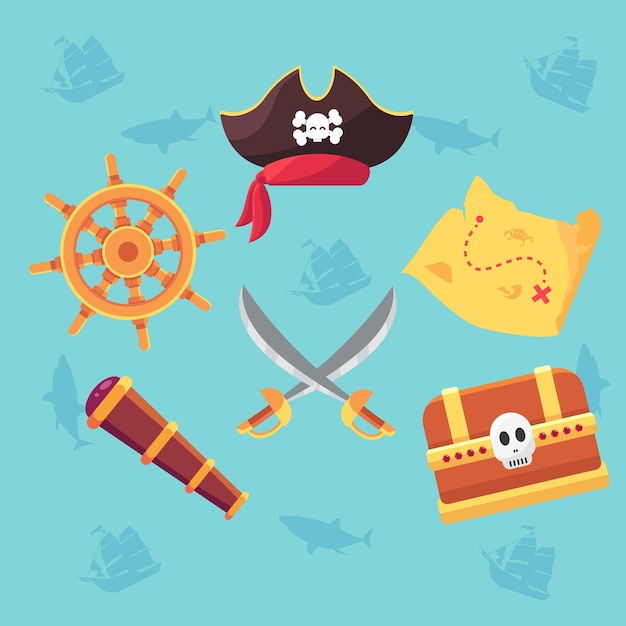 a blue background with different items including pirate ships and a pirate ship