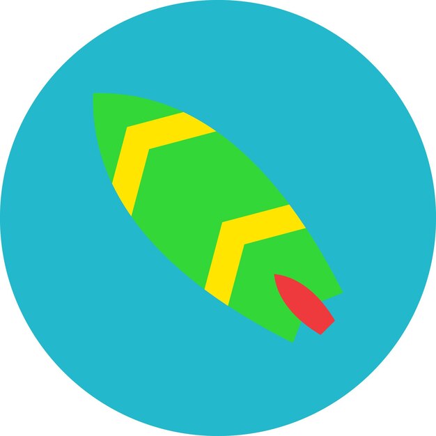 a blue circle with a yellow and green rocket in the center