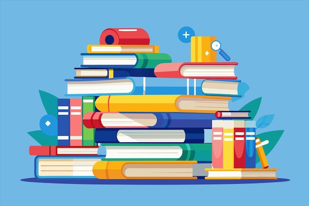 a book with a stack of books on it and a blue background